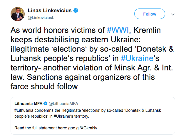 Глава МЗС Литви закликав до санкцій проти організаторів "виборів" на Донбасі